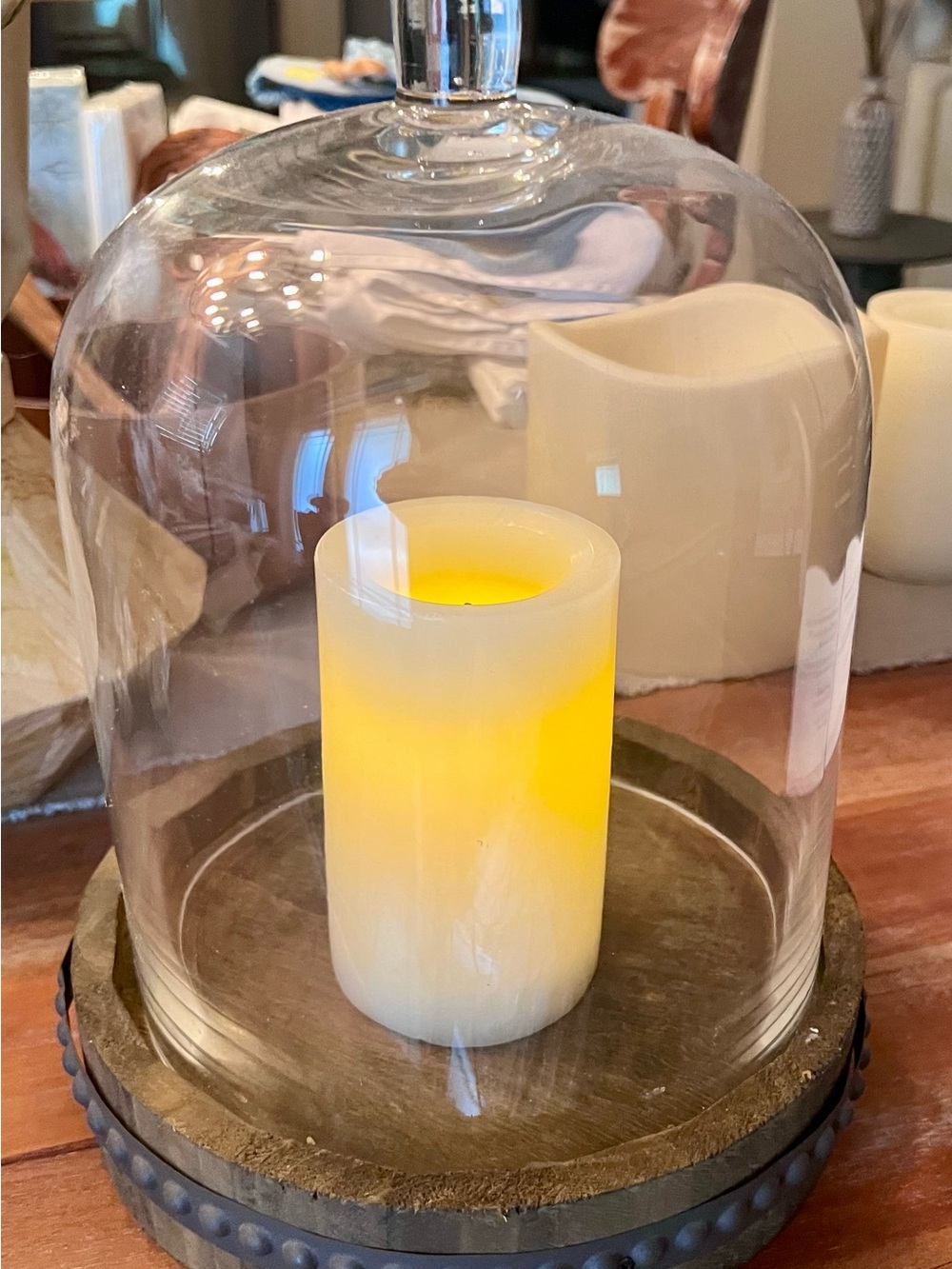Bunch of cloches, hurricanes, taper holders that come w/led candles & new batt